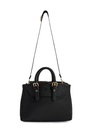 Sac à main noir avec double poignées, accents de boucle dorée et une bandoulière longue et réglable, présenté sur fond blanc.