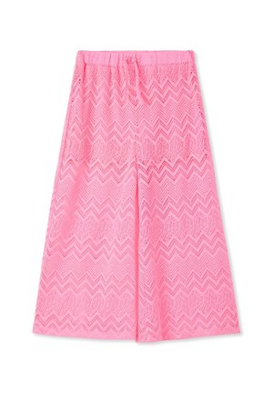 Pantaloni rosa a gamba larga con vita elastica, caratterizzati da un motivo a chevron e pizzo floreale.