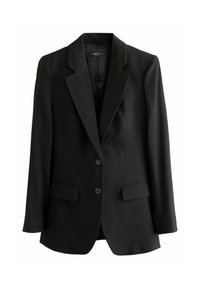 Sort blazer lavet af struktureret stof, med reverskrave, to forlommer og to knapper, designet til en tætsiddende pasform.