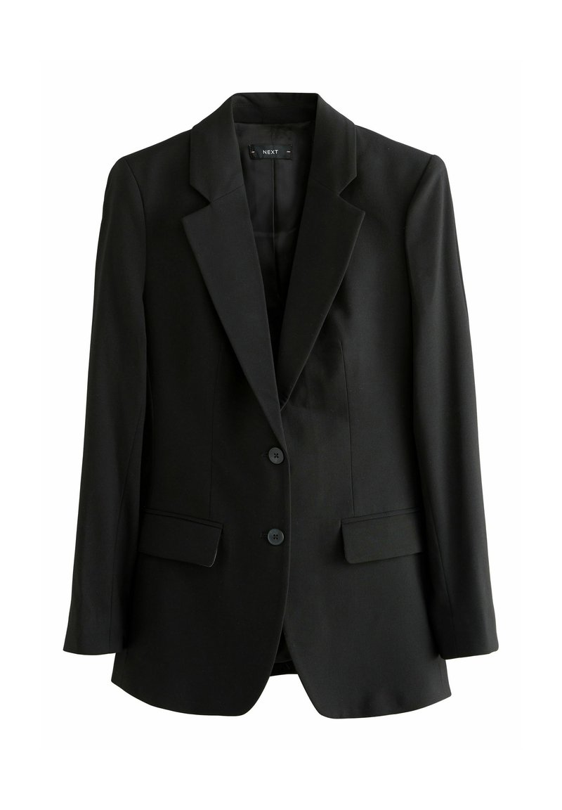 Sort blazer lavet af struktureret stof, med reverskrave, to forlommer og to knapper, designet til en tætsiddende pasform.