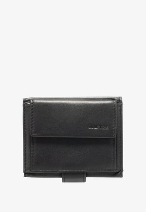 Schwarze Lederbörse mit glatter Textur, ausgestattet mit einem vorderen Klappenverschluss, geprägtem Logo und rechteckiger Form. Innentaschen sind sichtbar.