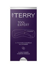 Lila Verpackung mit dem Text "BY TERRY TOOL EXPERT." Enthält multifunktionale Augenbrauen-Schablonen mit fünf Designs, die in einer Reihe angeordnet sind.