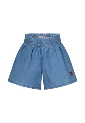 Denim-Shorts mit elastischem Bund, hellblaue Farbe, weite Hosenbeine und gesticktem Bärenmotiv auf der linken Vorderseite.