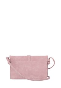 Růžová kabelka crossbody z umělé kůže s hladkým povrchem, obdélníkovým tvarem, víkem na horní straně a nastavitelným popruhem.