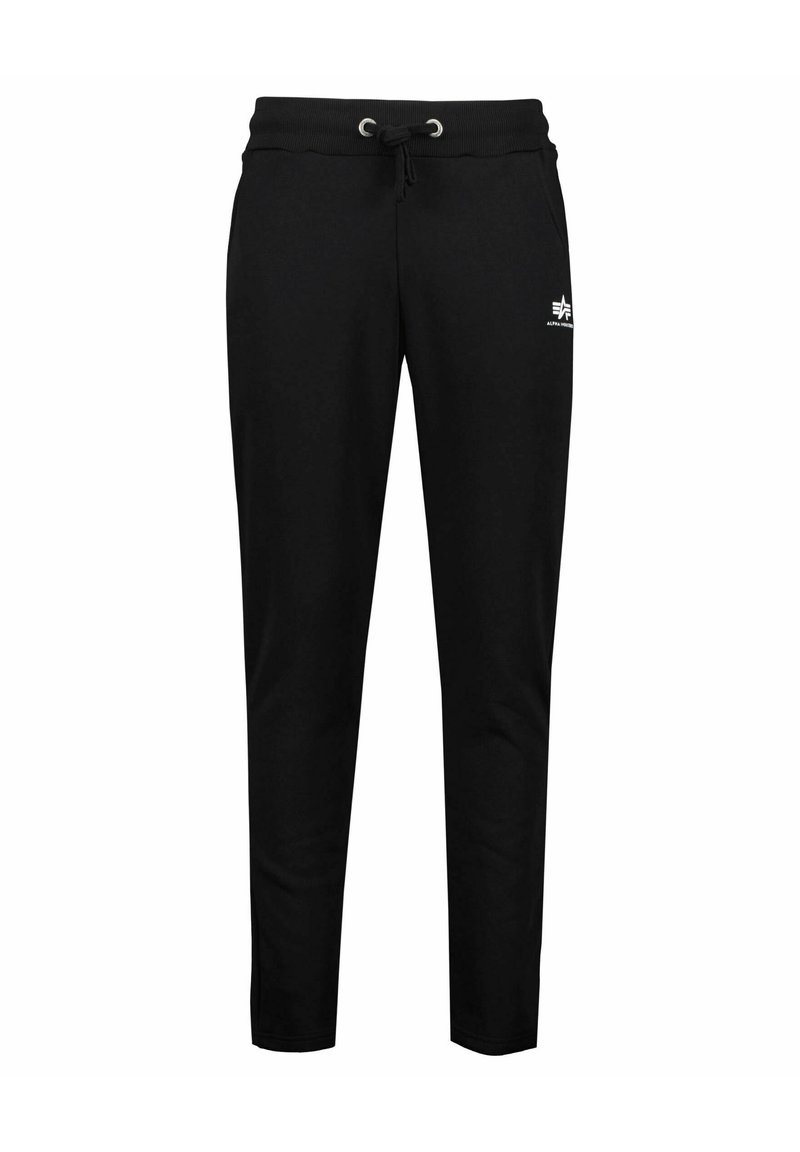 Zwarte joggers van een zachte katoenen mix, met een trekkoord in de taille, taps toelopende benen en een klein wit logo op de linkerdij.