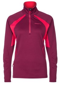 Fleece-pullover i djup lila med rosa accenter. Har en halvdragkedja vid kragen och texturerade axelpaneler. Lätt och ventilerande design.