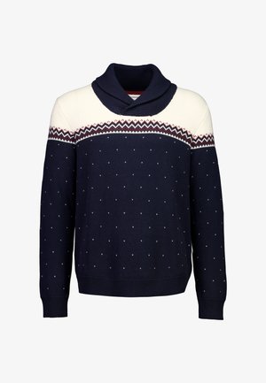 Marineblauer, gestrickter Pullover mit cremefarbenem Rollkragen, Fair-Isle-Muster in Rot und Weiß sowie kleinen weißen Akzenten überall.