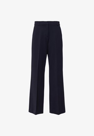 Marineblauwe, op maat gemaakte broek met een rechte pijp, riemlussen en een verborgen voorzijde sluiting.