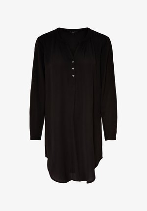 Black long-sleeve tunic with a buttoned placket, pleat details at the shoulders, and a rounded hem. Smooth fabric, relaxed fit.