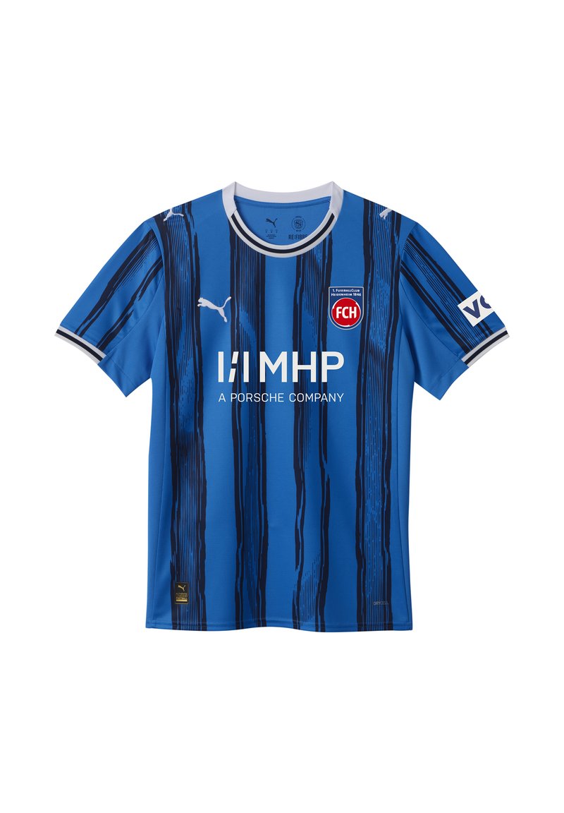 Blauw voetbalshirt met verticale zwarte strepen, ronde hals, korte mouwen en logo's. Gemaakt van een gladde stof met een levendige afwerking.