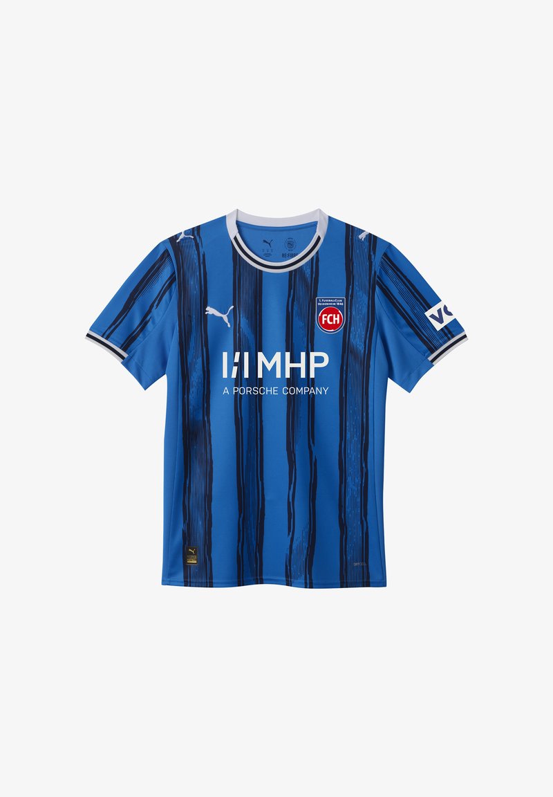 Maillot de football bleu avec des rayures verticales noires, col rond, manches courtes et logos. Fabriqué en matériau lisse avec une finition vive.