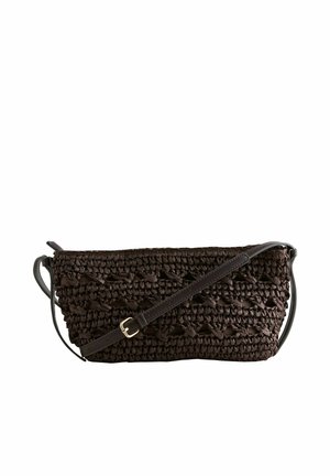 Dark brown woven crossbody bag with adjustable leather strap and gold buckle on a white background.