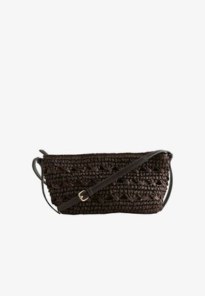 Dark brown woven crossbody bag with adjustable leather strap and gold buckle on a white background.