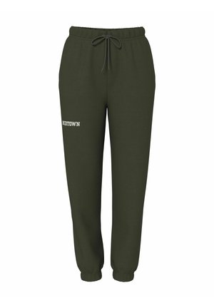 Pantalones deportivos verdes con cinturilla elástica y cordón, puños ceñidos y la palabra "MIDTOWN" impresa en blanco en una pierna. Material de mezcla de algodón.