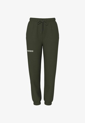 Pantalones deportivos verdes con cinturilla elástica y cordón, puños ceñidos y la palabra "MIDTOWN" impresa en blanco en una pierna. Material de mezcla de algodón.