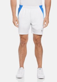 Witte sportieve shorts met blauwe mesh zijkanten, elastische tailleband en een klein zwart logo op de onderste rechterbeen. Gladde textuur.