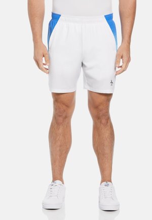 Shorts de sport blancs avec des panneaux latéraux en mesh bleu, taille élastique et un petit logo noir sur la jambe inférieure droite. Texture lisse.