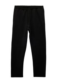  Sorte sweatpants har en snøre i taljen, sidelommer og en glat tekstur. Designet er enkelt med en lige benudskæring.