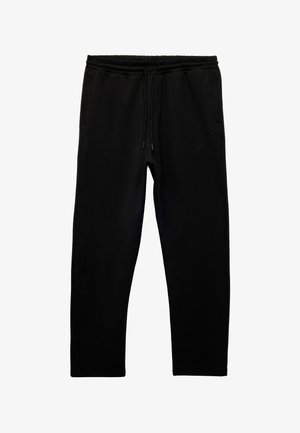 Schwarze Jogginghosen haben einen Kordelzugbund, seitliche Taschen und eine glatte Textur. Das Design ist einfach mit einem geraden Schnitt.