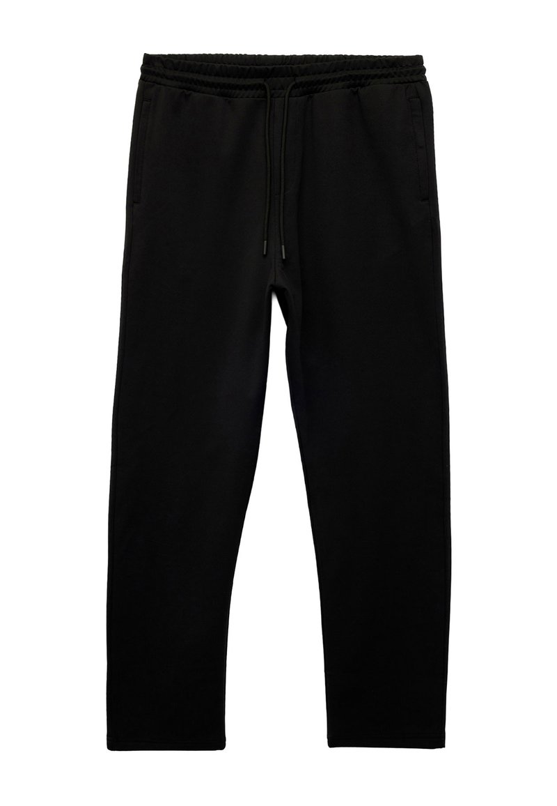  Sorte sweatpants har en snøre i taljen, sidelommer og en glat tekstur. Designet er enkelt med en lige benudskæring.