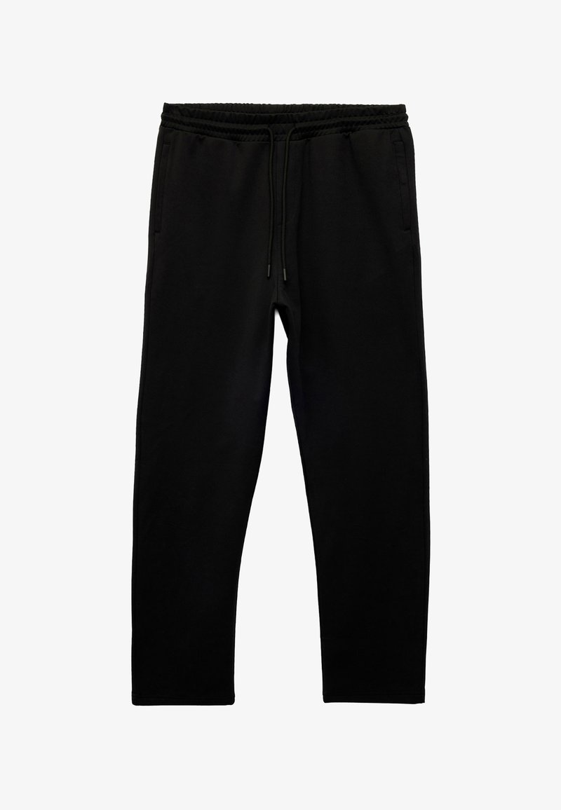 Black sweatpants feature a drawstring waistband, side pockets, and a smooth texture. The design is simple with a straight leg cut.