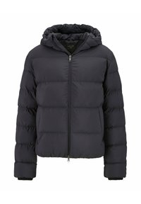 Giubbotto imbottito nero con chiusura a zip frontale, cappuccio e polsini elastici. Caratterizzato da sezioni trapuntate e una texture liscia e lucida. Progettato per garantire caldo.