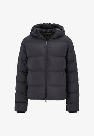 Schwarze Steppjacke mit durchgehendem Reißverschluss, Kapuze und elastischen Bündchen. Verfügt über gesteppten Bereiche und eine glatte, glänzende Textur. Entworfen für Wärme.