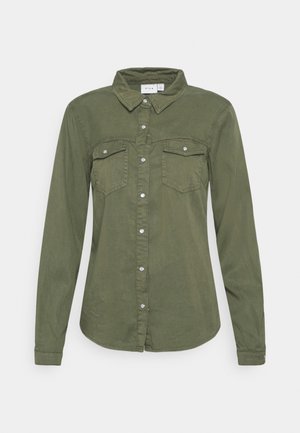 Olive green long-sleeve shirt with button-down front, two chest pockets with flaps, and pointed collar.