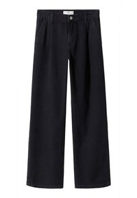 Jeans de pierna ancha negros hechos de denim, con cierre frontal de botón, dos bolsillos laterales y un diseño clásico de cinco bolsillos.