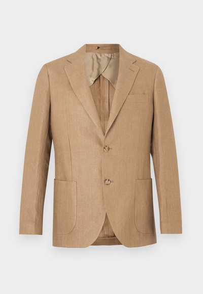 Ανοιχτό καφέ σακάκι από υφή υφάσματος, με διακοσμητικές γιακάδες, δύο κουμπιά, τσέπες με πέταλο και εσωτερική επένδυση σε μπεζ σατέν.