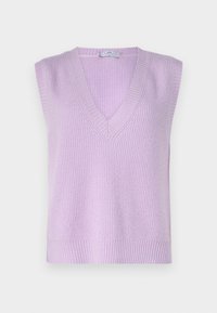 Gilet senza maniche in maglia color lavanda con scollo a V, caratterizzato da una trama a coste e orlo dritto. Tessuto liscio, design casual, senza motivi o decorazioni.