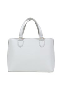 Witte faux leren handtas met twee bovenhandvaten en goudkleurige hardware. Rechthoekige vorm, gladde textuur en minimale stikdetails.