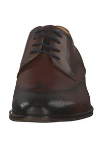 Brown leather dress shoes with a glossy finish, featuring perforated detailing, a rounded toe, and dark blue laces.