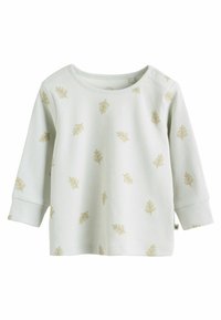 Helles grünes Langarmshirt mit gerippter Textur, das ein Blattmuster in Beige aufweist. Mit Druckknöpfen an der Schulter für ein einfaches An- und Ausziehen.