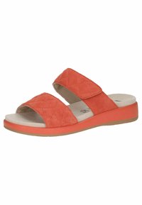 Oranžne semiš odprte sandale s kvadratnimi naramnicami, odprtim prstom in nizko platformo s svetlo bež notranjostjo.