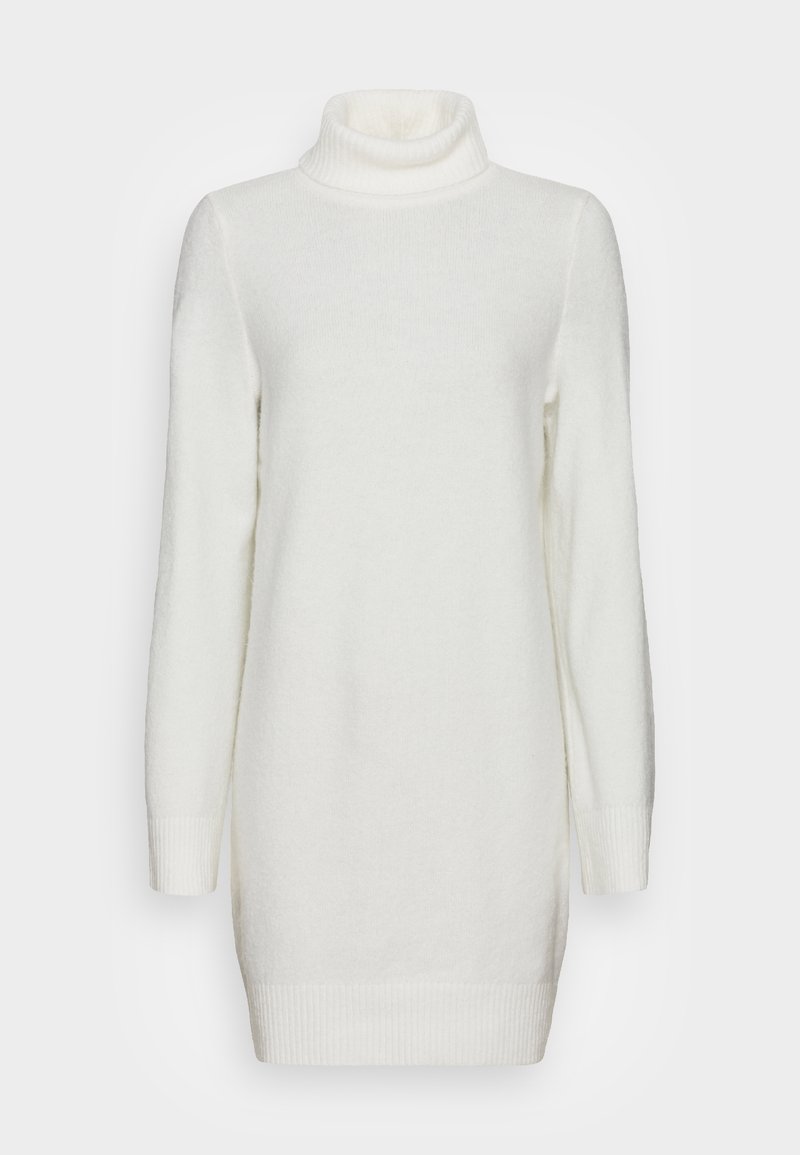 Robe pull en maille blanche à manches longues avec col roulé, poignets et ourlet côtelés.