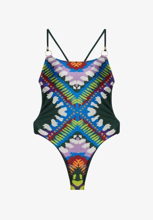 Bañador de una sola pieza con una textura acanalada verde, que presenta un vibrante patrón geométrico floral en púrpura, azul, rojo y amarillo. Tiras delgadas ajustables.