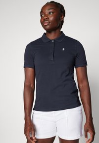 Polo azul-marinho feito de algodão, com colarinho, mangas curtas, tapa botão de três botões e um pequeno logótipo no peito.