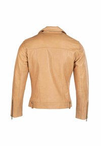 Tannikoore nahkjakk koos liibuv disainiga, tagumise poomi õmblusega ja tõmblukuga varrukaotsadega. Sile tekstuur, nähtavad mustrid ega riistvaradeta.