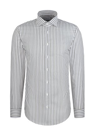 Chemise blanche à manches longues avec boutons, rayures verticales grises, col classique et poignets rayés.