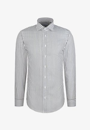 Camicia bianca a maniche lunghe con bottoni, righe verticali grigie, colletto classico e polsini a righe.