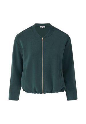 Veste bomber verte en tissu doux, avec fermeture éclair, col rond, poches latérales et ourlet élastiqué. Texture lisse, coupe décontractée.