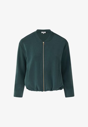 Groene bomberjack van zachte stof, voorzien van een ritsluiting, ronde halslijn, zijzakken en een elastische zoom. Gladde textuur, ontspannen pasvorm.