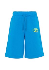 Pantaloncini di cotone blu con cintura elastica e coulisse, tasche laterali e un logo grafico giallo sulla coscia sinistra.