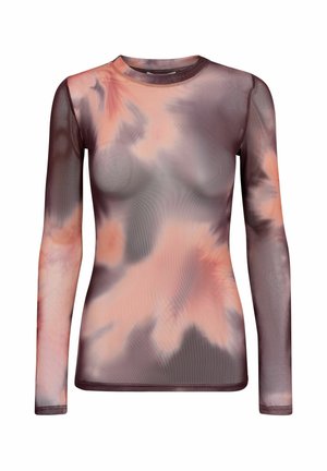 Langærmet gennemsigtig mesh top med tie-dye mønster i nuancer af brun, fersken og pink, med rund halsudskæring og tætsiddende silhuet.
