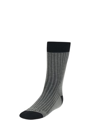 Graue Socken mit einem strukturierten Zickzackmuster, schwarzem Bündchen und Zehen, und aus einem mittelschichtigen Strickstoff, der Flexibilität und Komfort bietet.