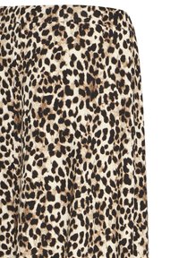 Leopardmönstrad tyg med en mjuk textur, bestående av svarta och bruna fläckar på en krämfärgad bakgrund, lämplig för kläder eller accessoarer.