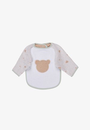 Long-sleeve baby bib with beige sleeves featuring heart patterns and a white front panel with a teddy bear face applique.