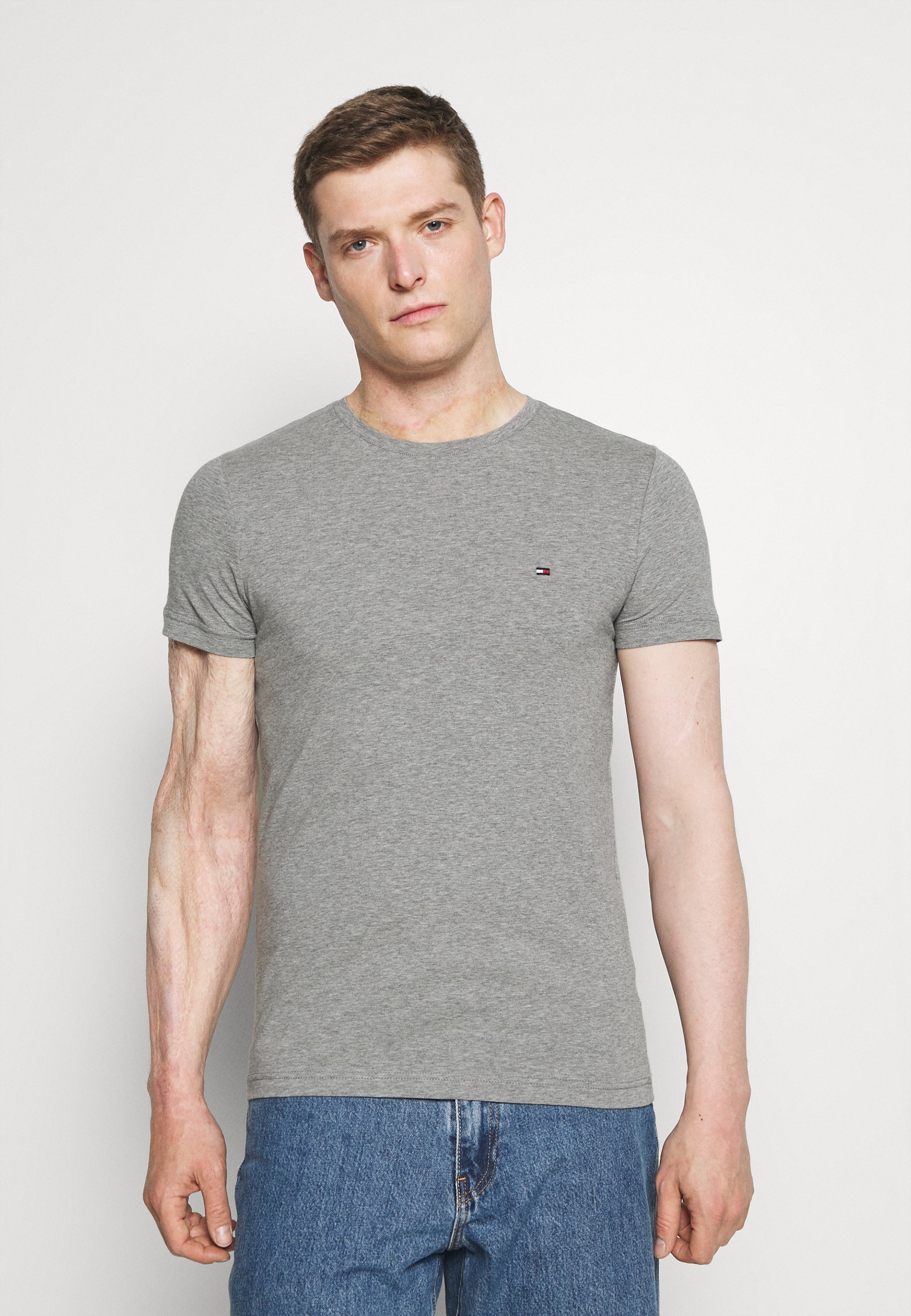 Tommy Hilfiger STRETCH SLIM FIT TEE - T-Shirt basic - medium grey  heather/grau-meliert - Zalando.de