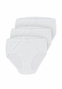 Three plain white women's cotton brief-style underwear, stacked and slightly overlapping, on a white background.